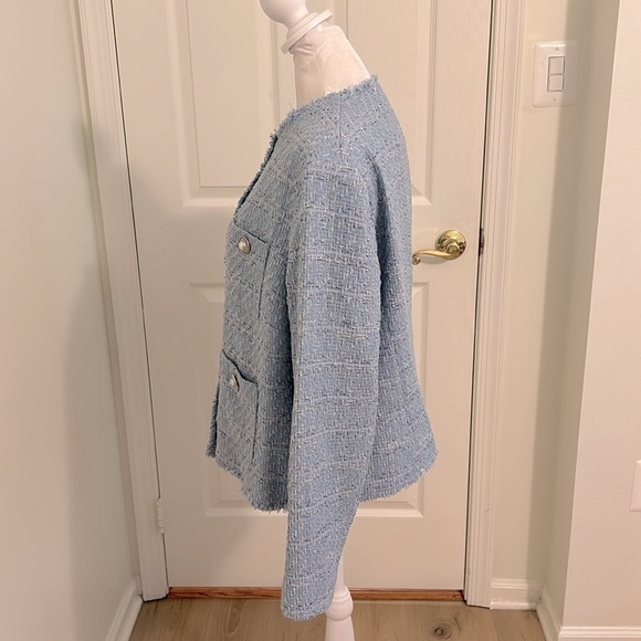 Mango Blogger Favorite Pocket Tweed Jacket Light Blue Pearl Buttons NWT Size XL - Picture 9 of 12